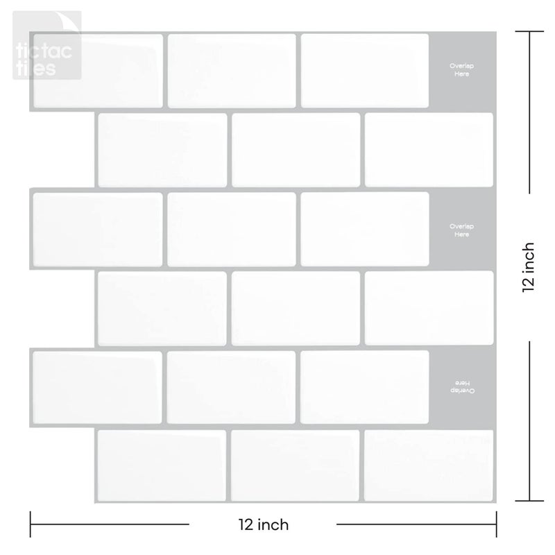 Tic Tac Tiles 12"x 12" Peel and Stick Self Adhesive Removable Stick On Kitchen Backsplash Bathroom 3D Wall Sticker Wallpaper Tiles in Subway Designs (Mono White, 10) - Image 2